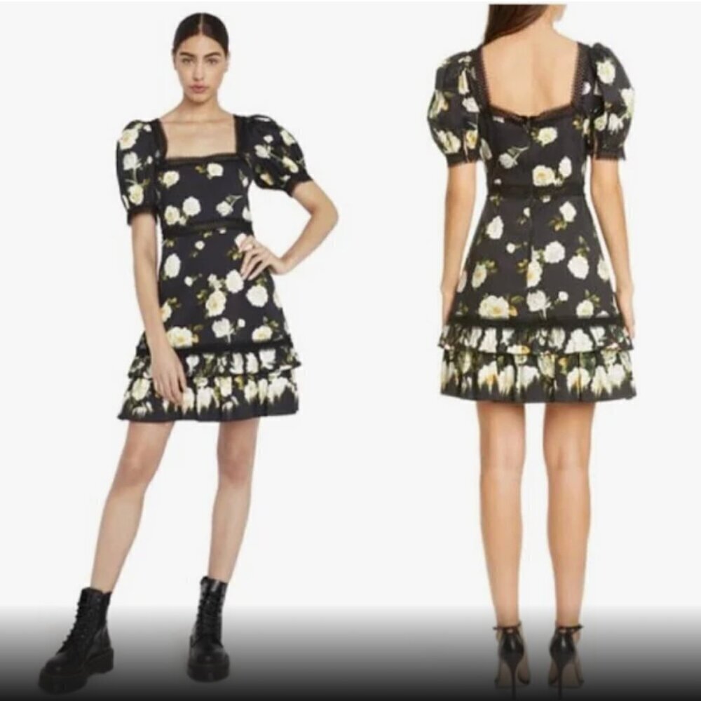 Alice + Olivia Wylie Floral Mini Dress 8 Black Puff Sleeve Square Neck